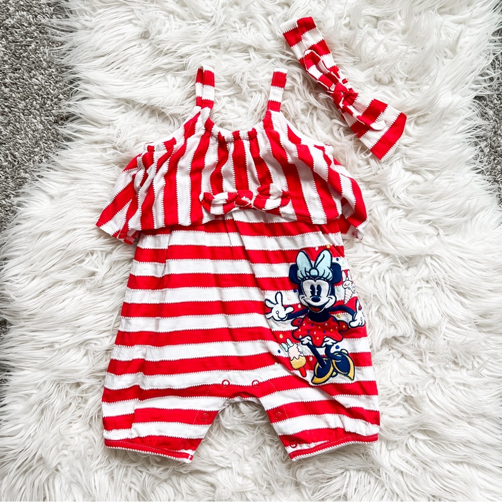 Disney Baby Minnie Mouse Red White Striped Romper & Bow 12-18M